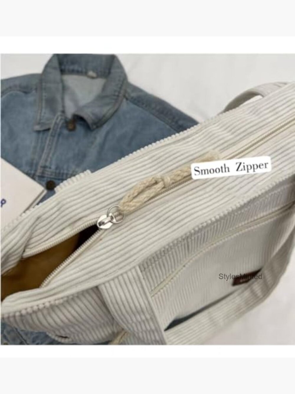 Large Corduroy Tote Bag with Pockets and Zipper Closure Shoulder Bag - Picture 6 of 7